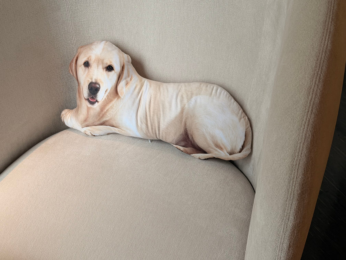 Golden dog-shaped printed pillow on a cream armchair