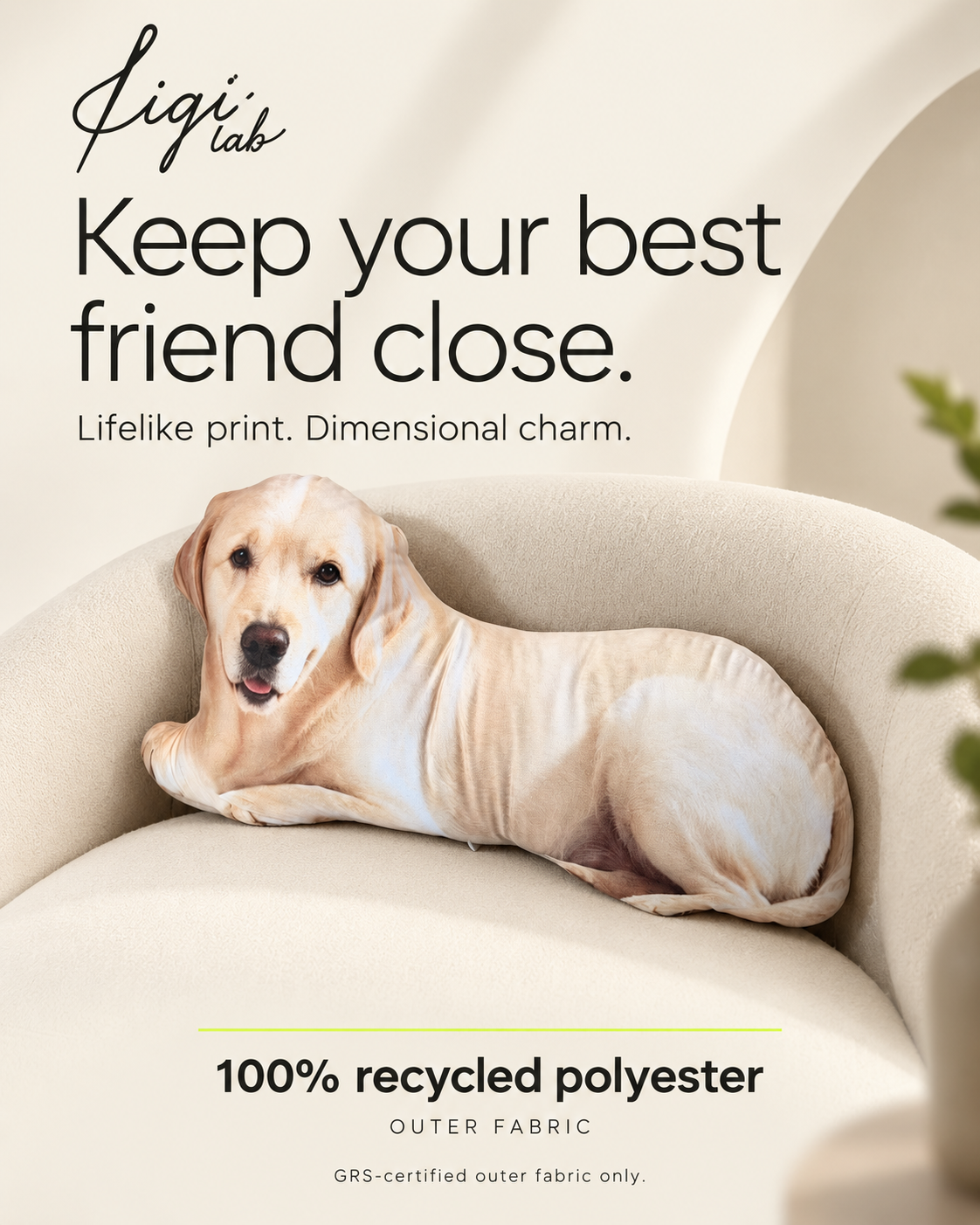 KIGI LAB dog-shaped pillow — lifelike print and 100% recycled polyester outer fabric