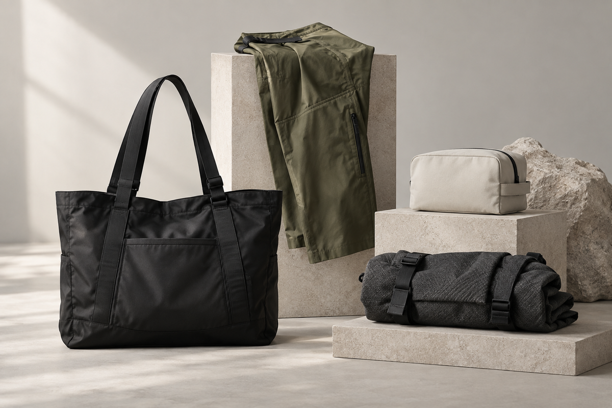 AI design exploration of a tote, trousers, pouch and outdoor textile gear; not products currently offered for sale.